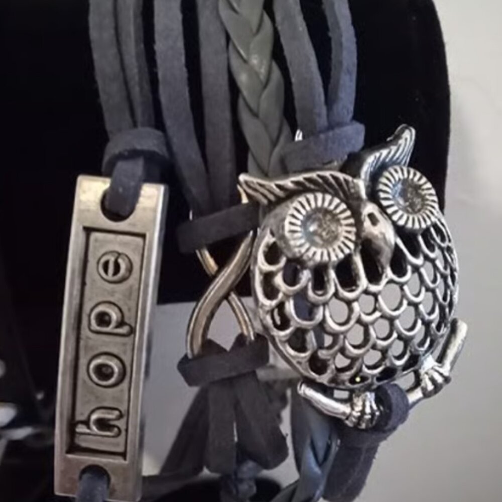 Grey Owl Hope & Infinity Knot Layered Leather Bracelet